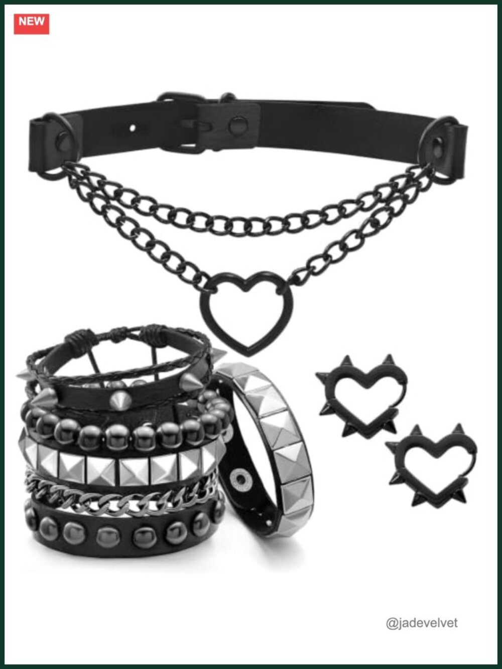 Punk Studded Bracelets Grunge Necklace Earrings Faux Leather Alloy Jewelry Set